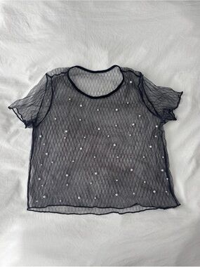 Black Sheer Pearl Mesh Top Coquette Y2K Style